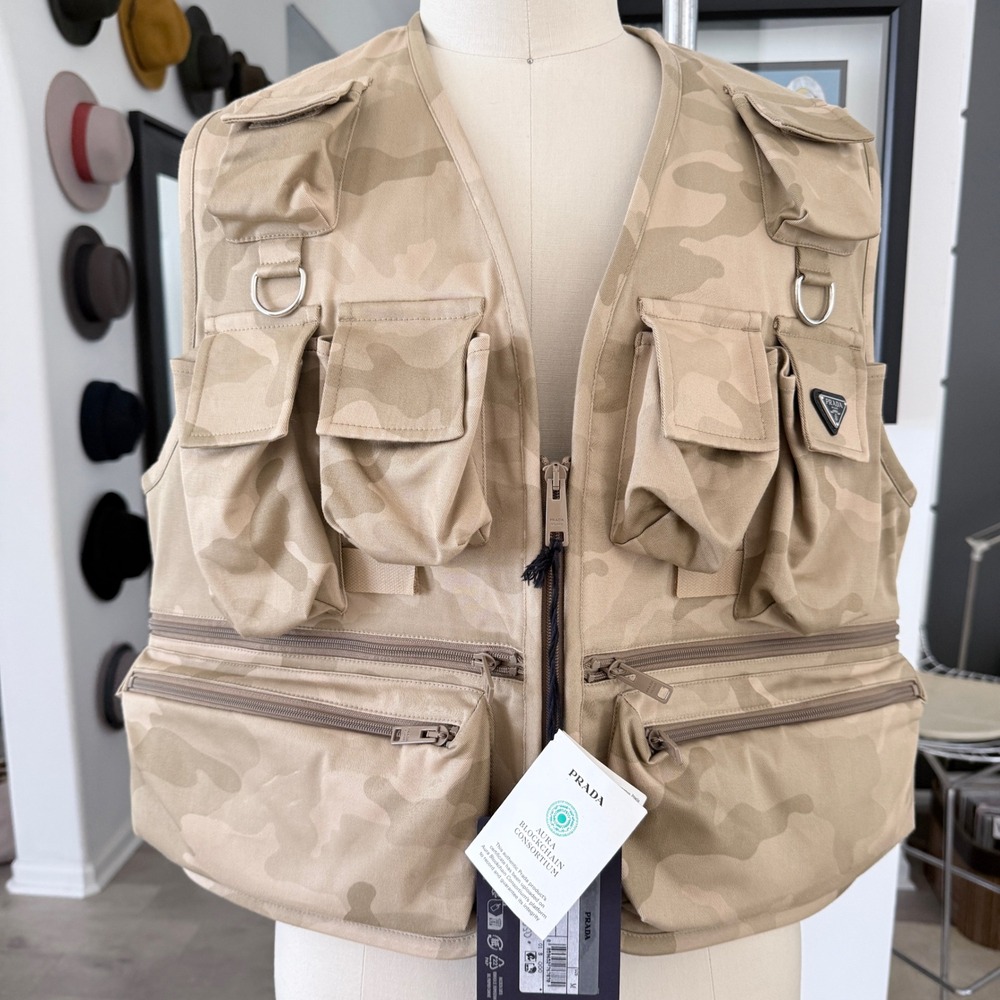 Prada 2GC499 Desert Camo Utility Vest Technical Gabardine Multi-Pocket M NWT